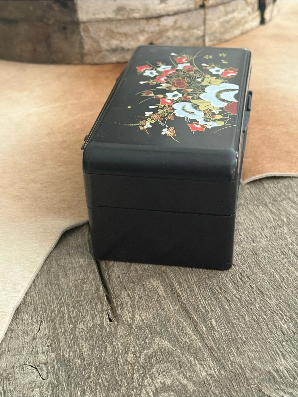 Vintage Asian Black Floral Lacquered Jewelry Box